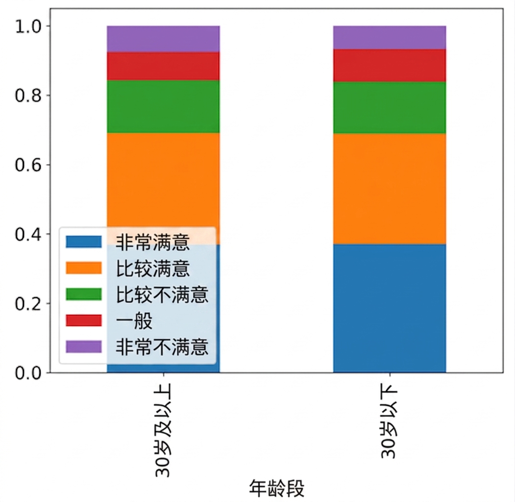 按工作满意度填充的年龄分组比例堆叠条形图