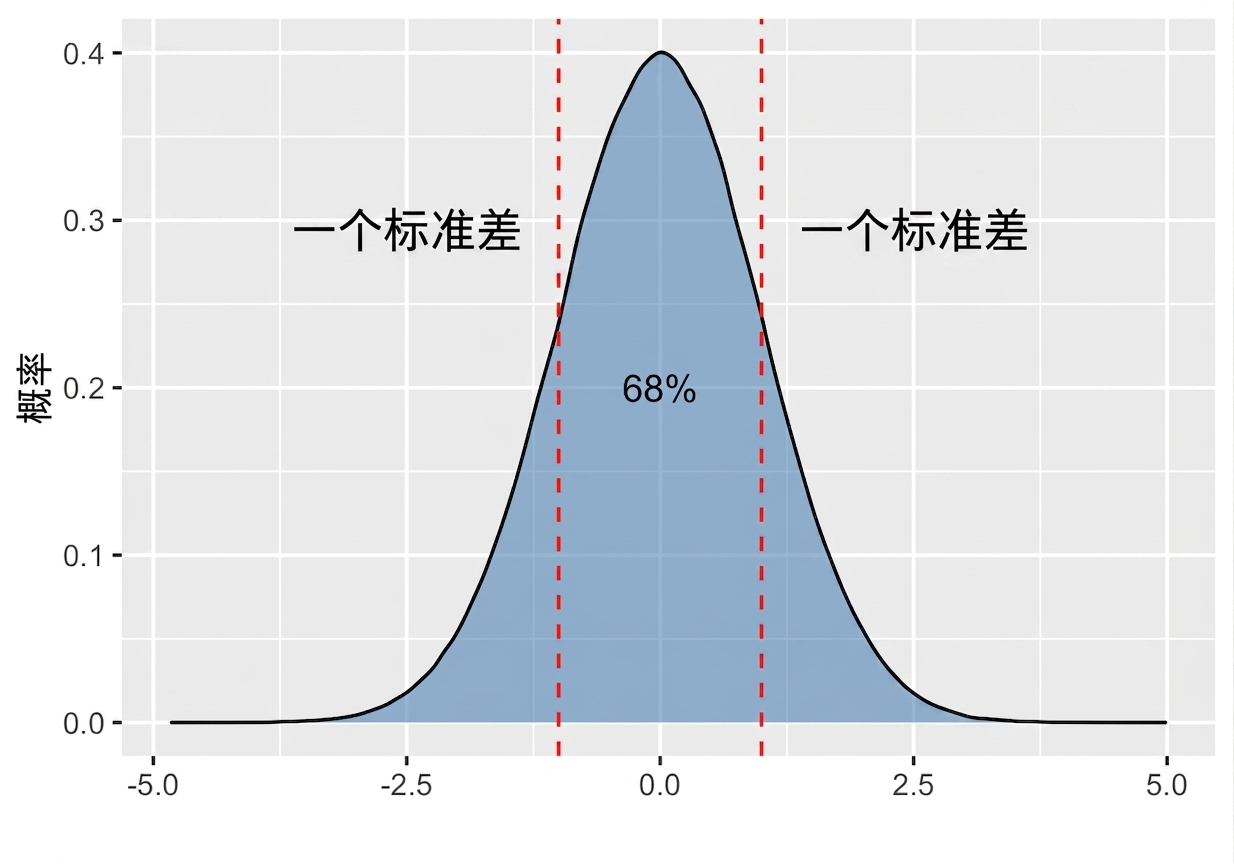 标注正负一个标准差之间面积为 68% 的正态分布.png