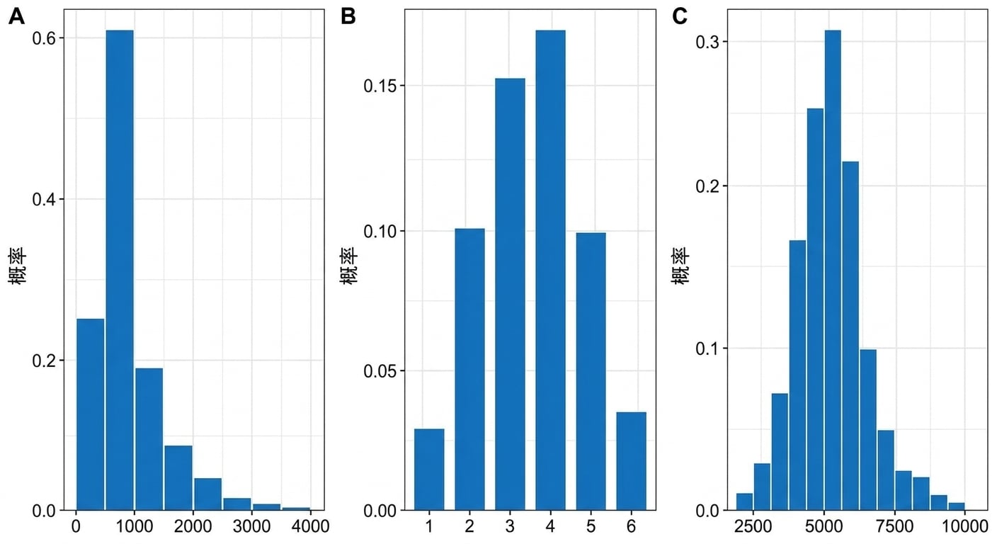 three_plots, first_showing_a_distribution_with_a_large_peak_on_the_left,second_showing_a_uniform_distribution_and_third_showing_a_symmetrical_distribution_peaking_in_the_middle.png