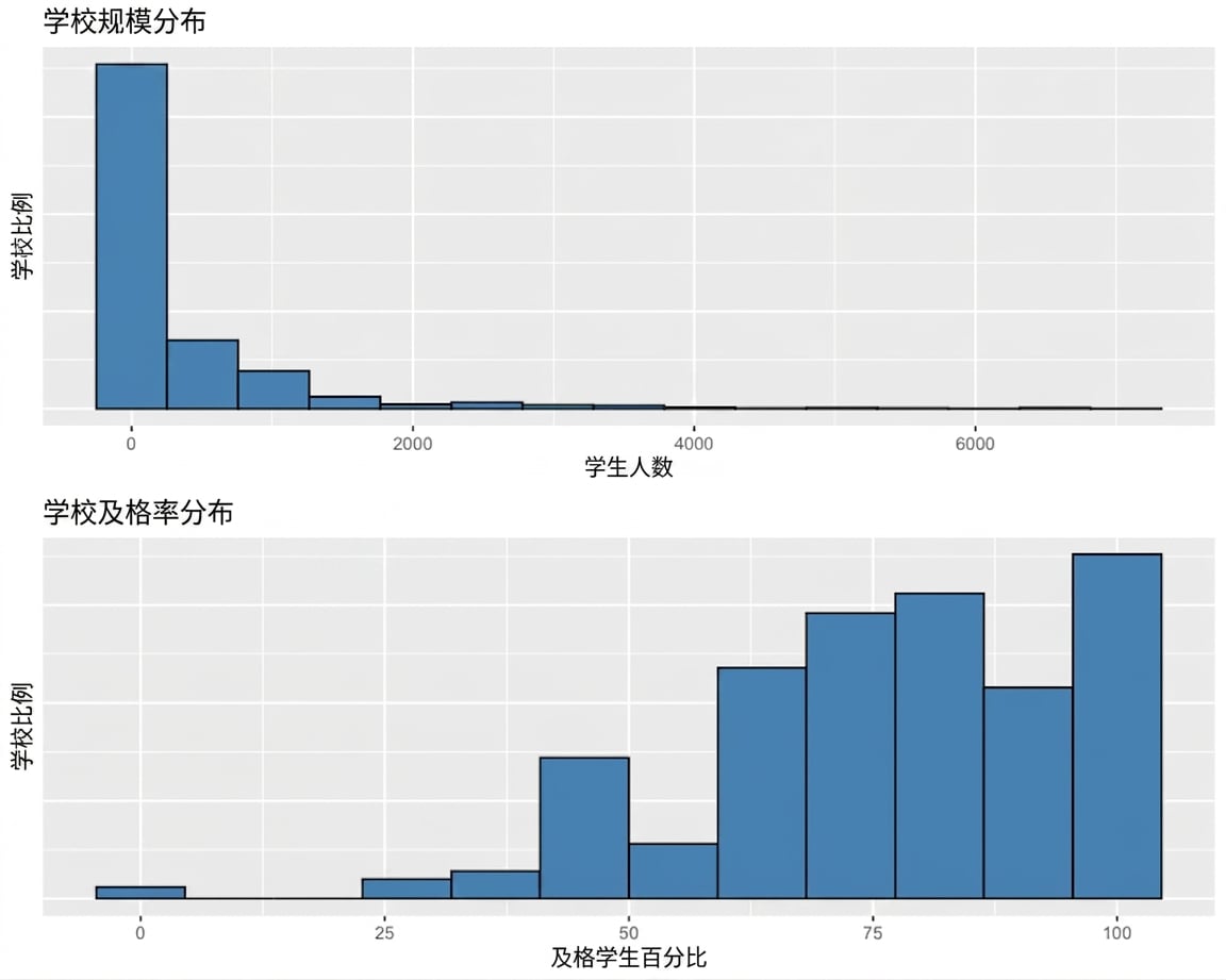 two_distributions_showing_the_distribution_of_school_size_and_the_distribution_of_school_pass_grades.png