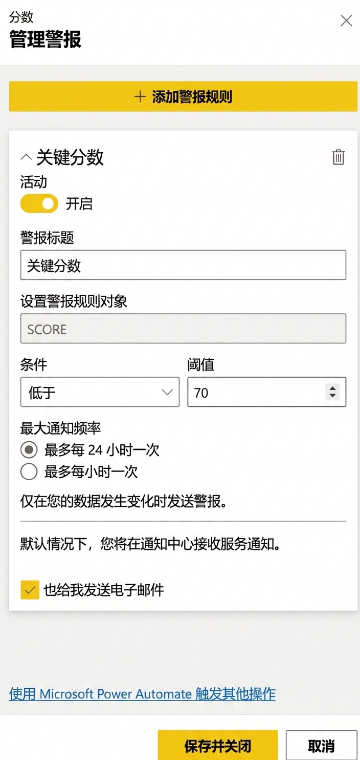 在仪表板磁贴上创建数据警报