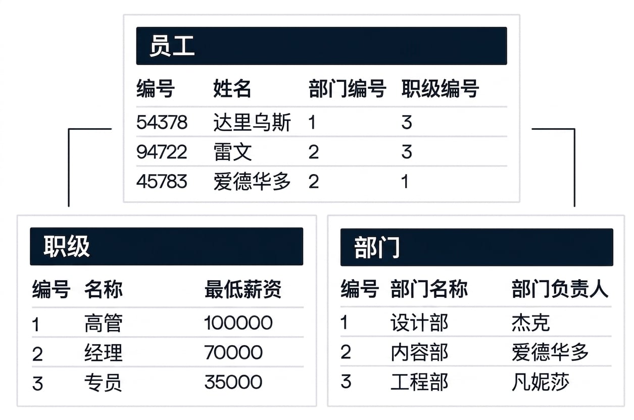 一张展示数据库中三张表的图片。一张名为 employees 的表与另外两张表（job_levels 和 departments）存在关系。