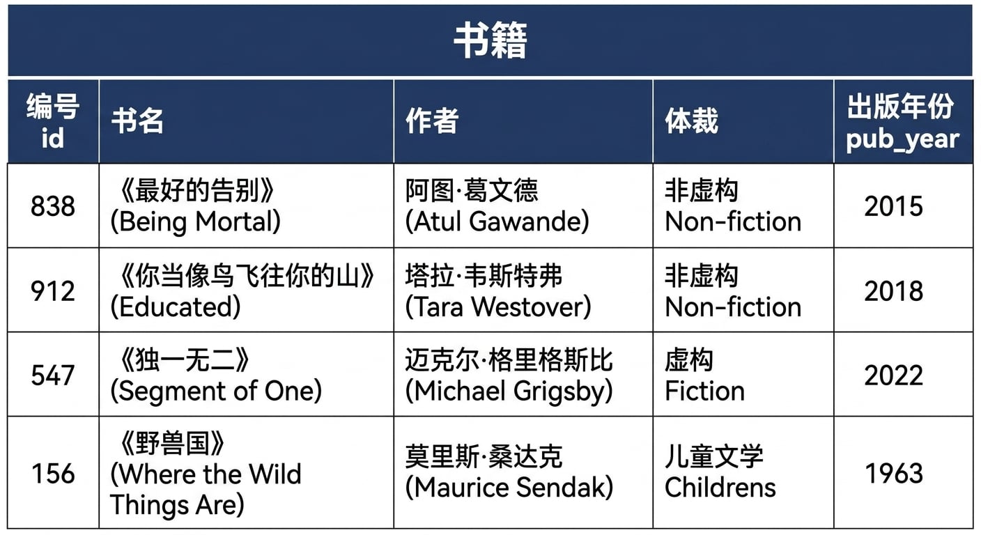 一张名为 books 的表，包含 5 列：id、title、author、genre、pub_year。