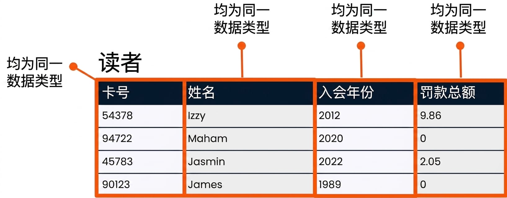 patrons 表，突出每个字段，说明它们各自有一种数据类型