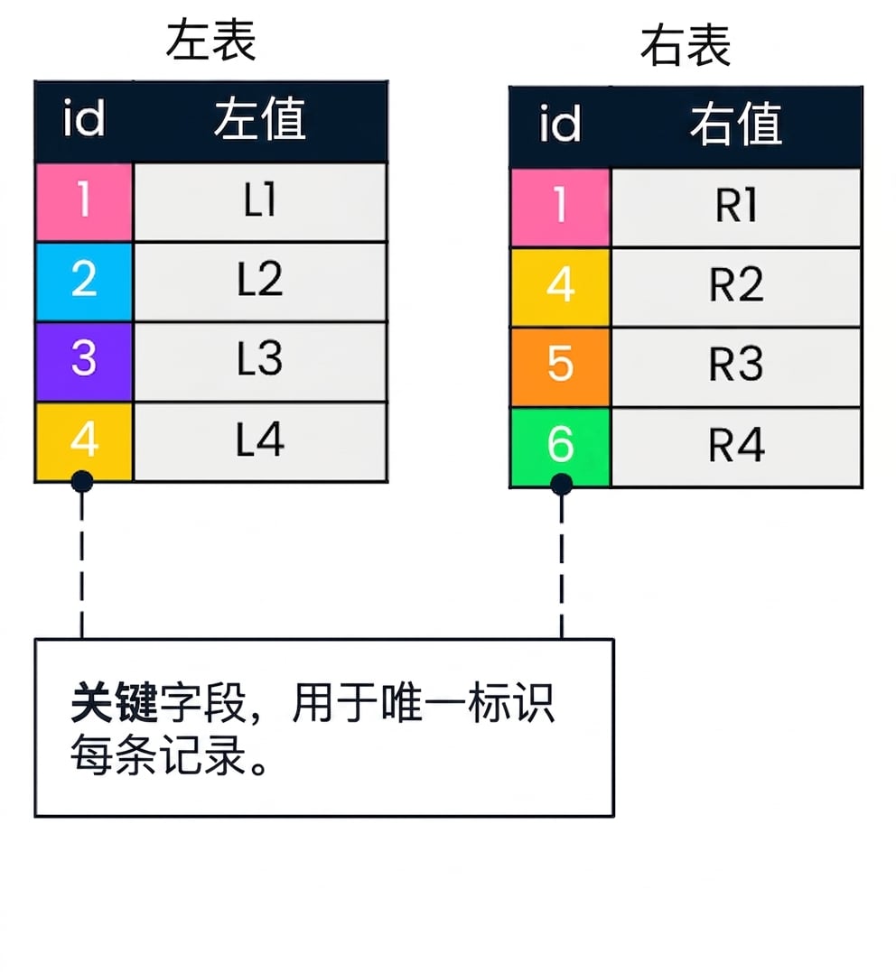 一个图示显示两张表:左表与右表。左右表中相同的 id 使用相同颜色显示。
