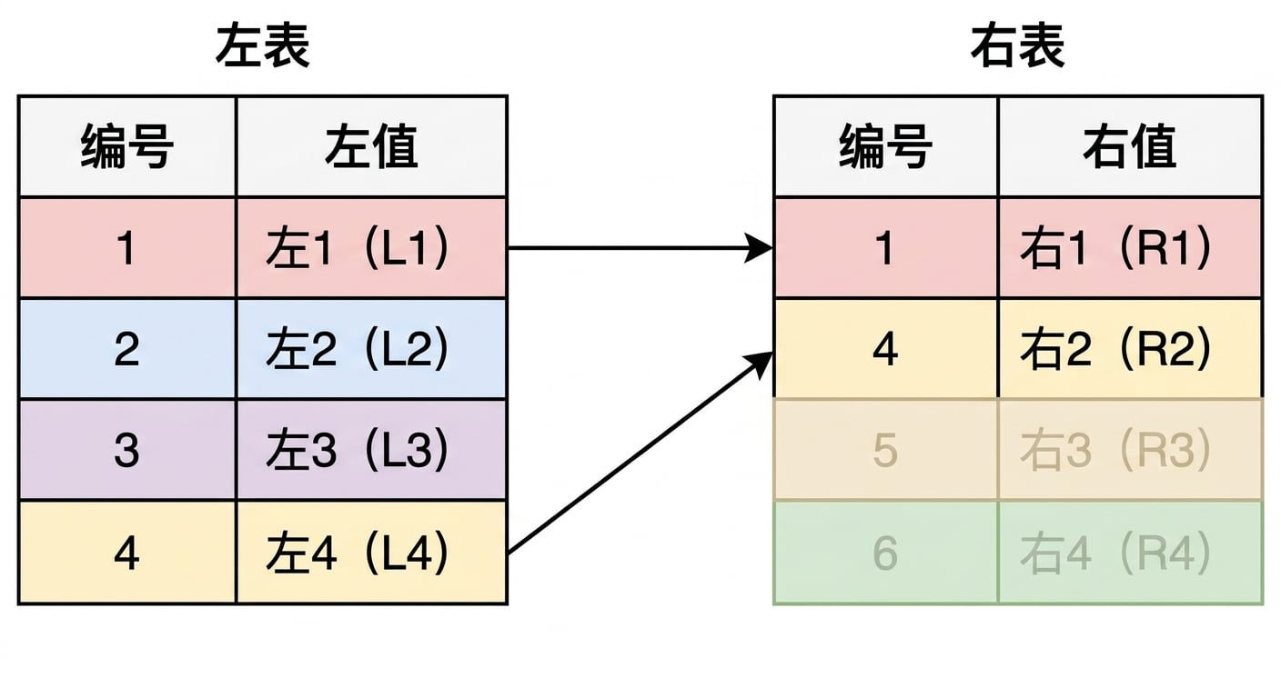一张示意图,显示左表与右表,并用箭头指向两表在 id 列上匹配的记录。不属于左连接结果的记录已变灰。