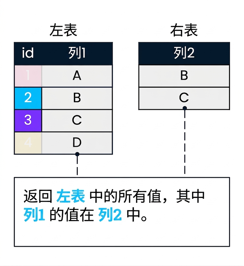 一个图示，包含两个表：left_table 和 right_table，用于演示半连接。将用 col2 过滤 col1。left_table 中 col1 在 col2 中找不到匹配的记录被淡化。