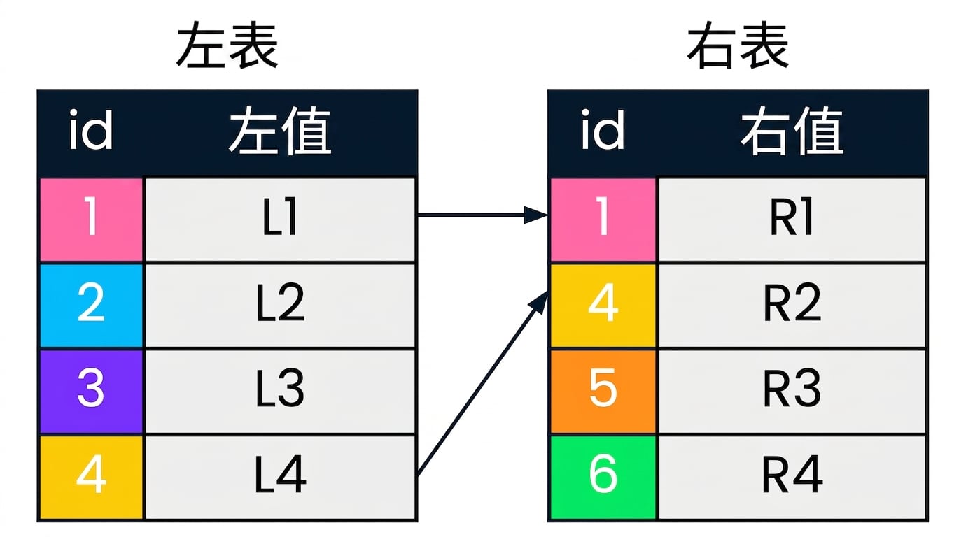 一个图示显示两张表:left_table 和 right_table。左右表中匹配的 id 使用相同颜色,并用箭头连接。