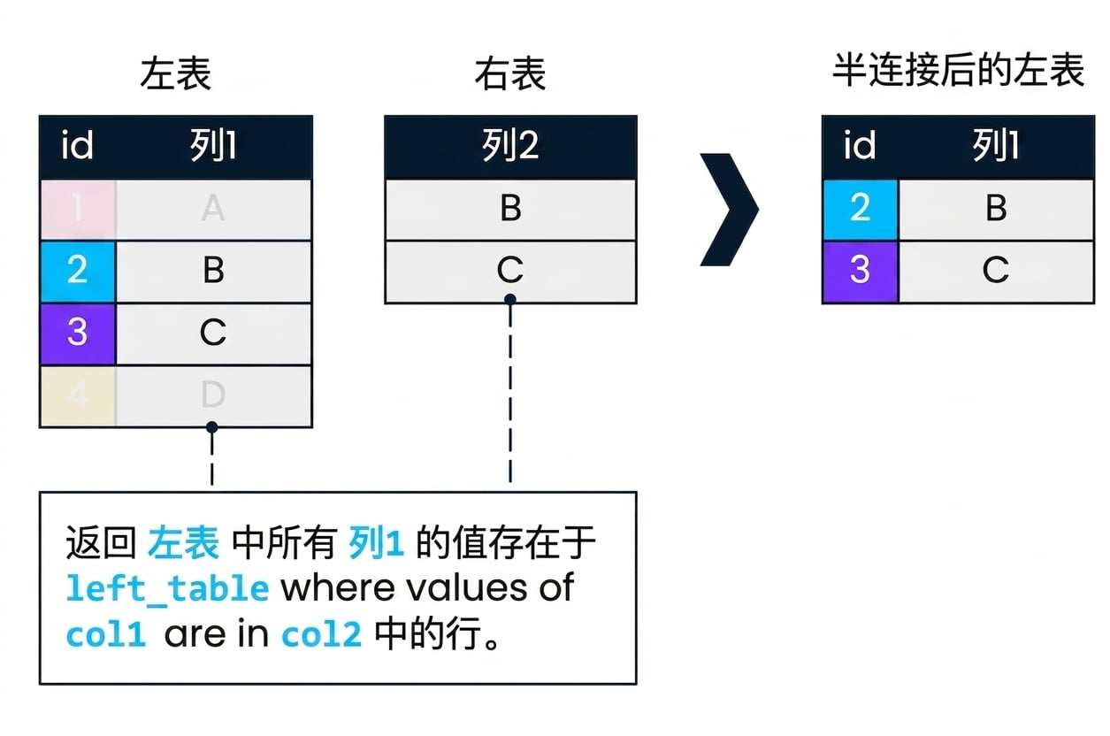 一个图示，包含两个表：left_table 和 right_table。右侧显示两表进行半连接的结果。仅返回 left_table 中在 col2 中找到匹配的 col1 记录。对应 id 为 2 和 3。