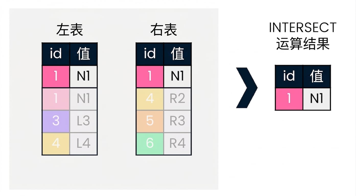 一个示意图展示左右两张表。图右侧说明对两表执行 INTERSECT 操作后的结果。