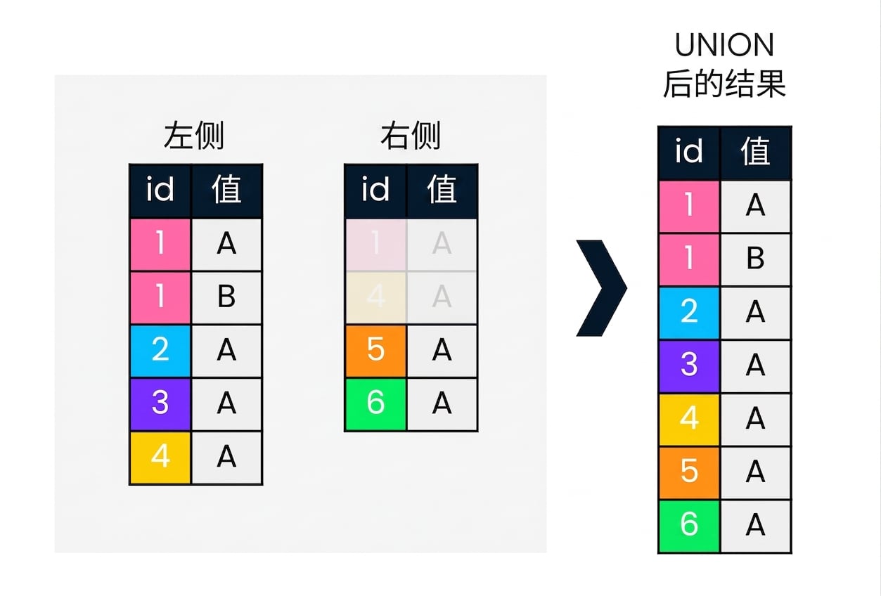 一个图示显示两张表(左、右)。右侧展示对两表执行 UNION 的结果。