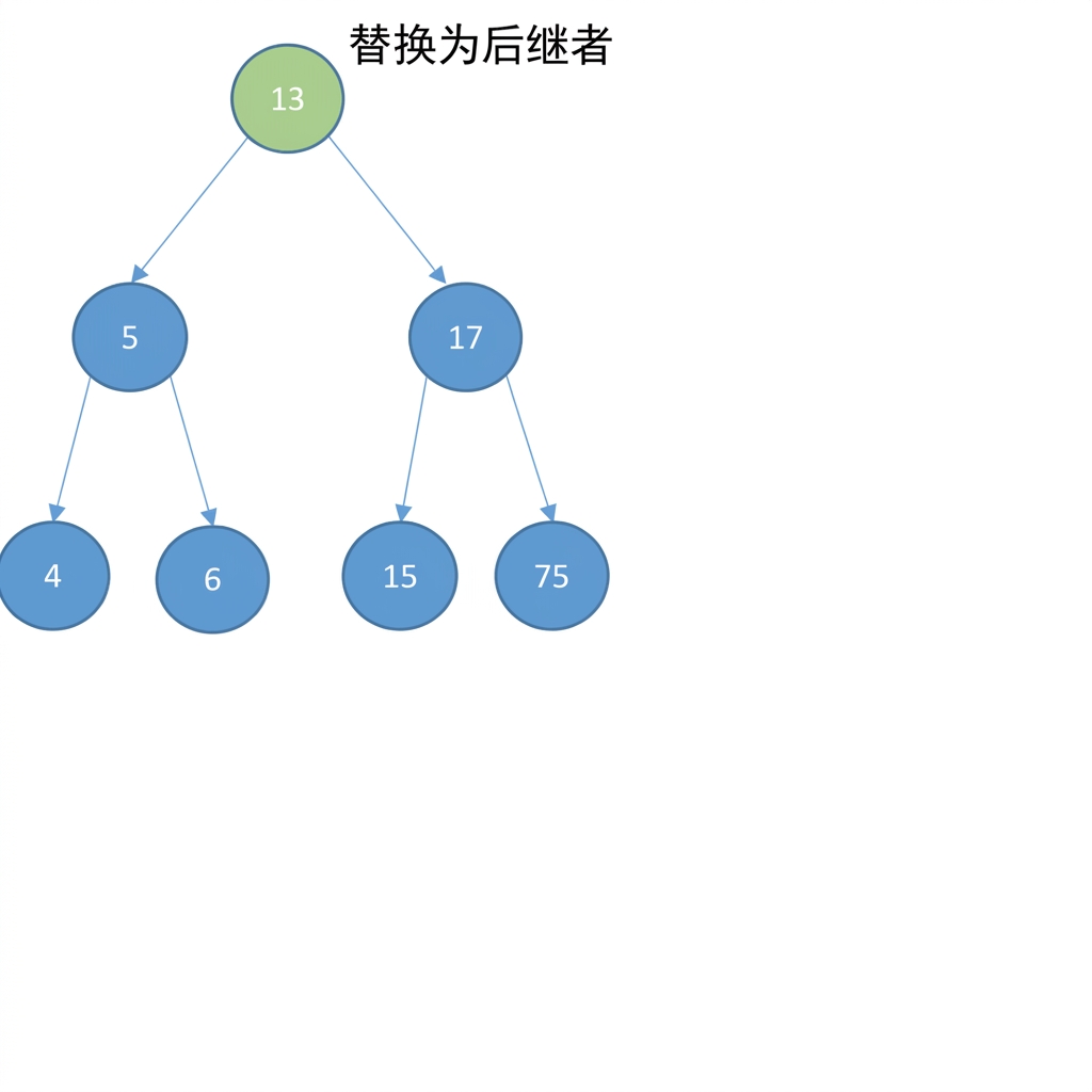 二叉搜索树图示。根节点已被后继替换。