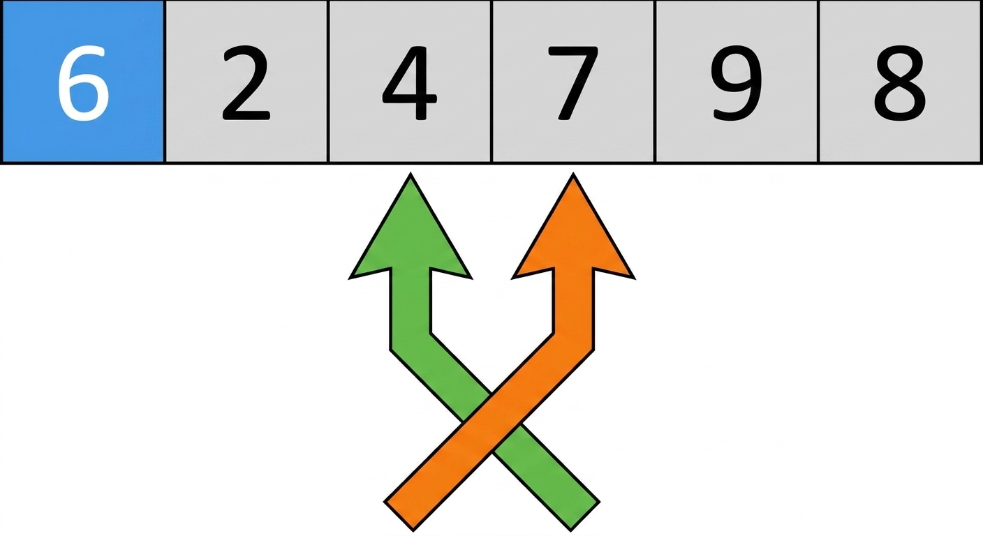 一个无序数字列表的示意图。第一个元素为蓝色。有两个指针。左指针指向第四个元素，右指针指向第三个元素。