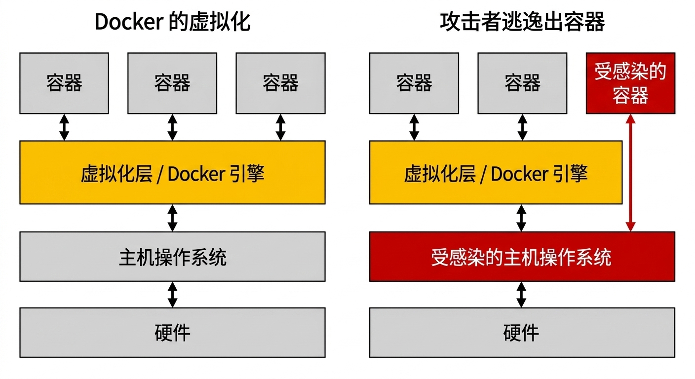 若越过虚拟化层，受入侵的容器可访问宿主机。