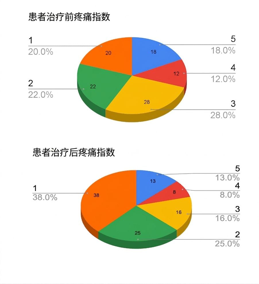 两个 3D 饼图，显示治疗前与治疗后结果
