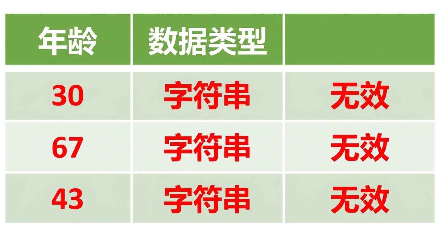 三列表格，第一列"Age"为字符串类型，被标记为无效。