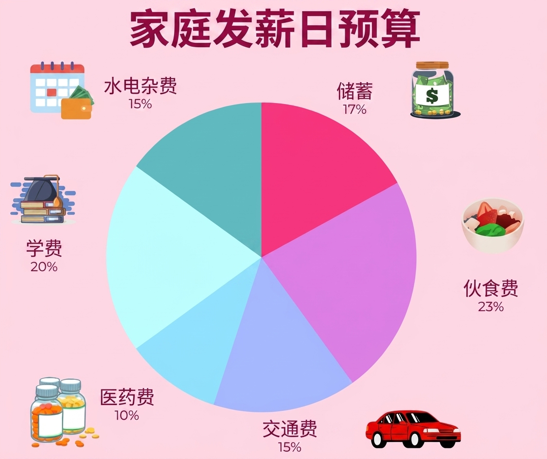 饼图对比家庭发薪日预算的各项占比