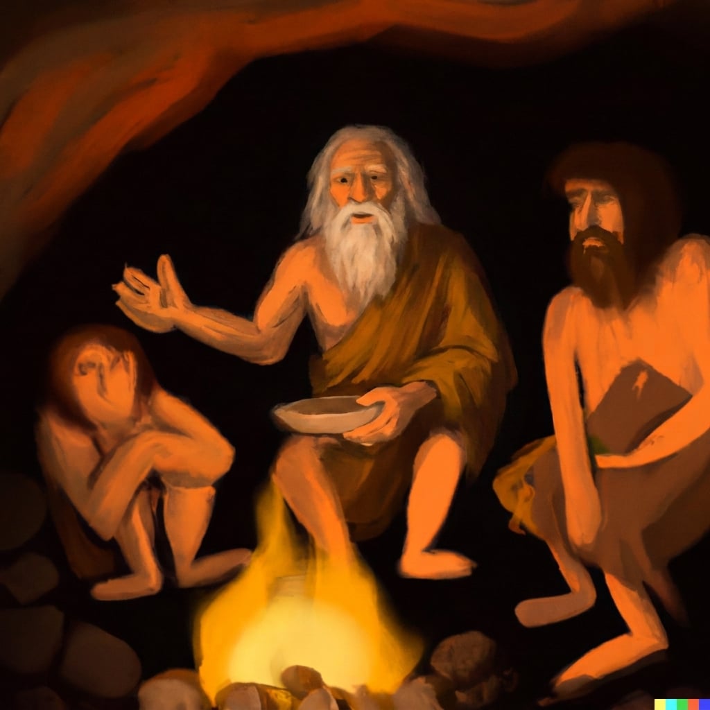 穴居人围火讲故事