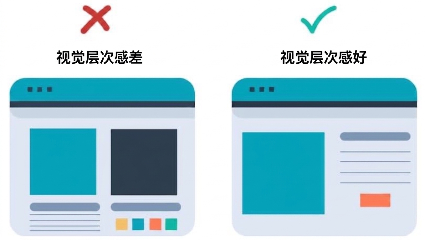 糟糕的视觉层级：页面元素无主次；良好层级：用色相、大小和空间关系提升理解