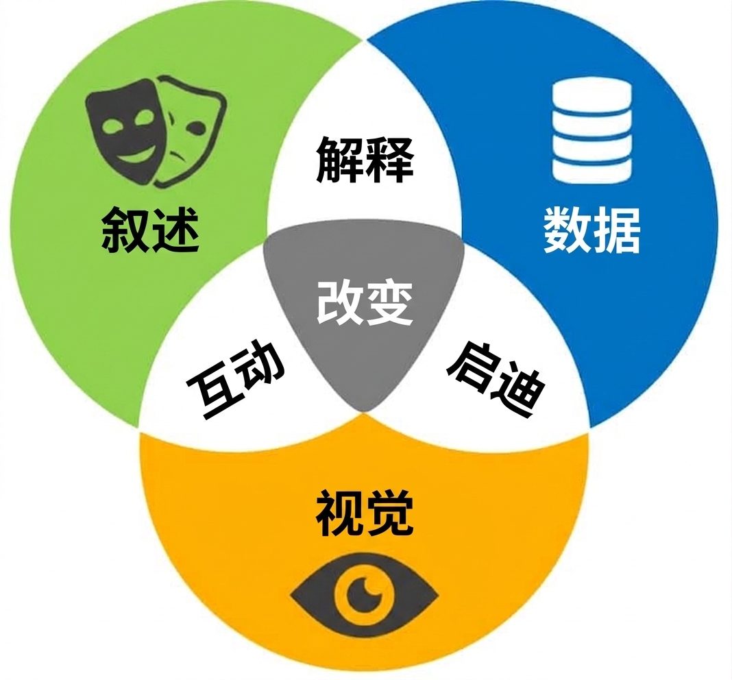 维恩图展示叙事、数据与可视化的交集：由洞见支撑的改变
