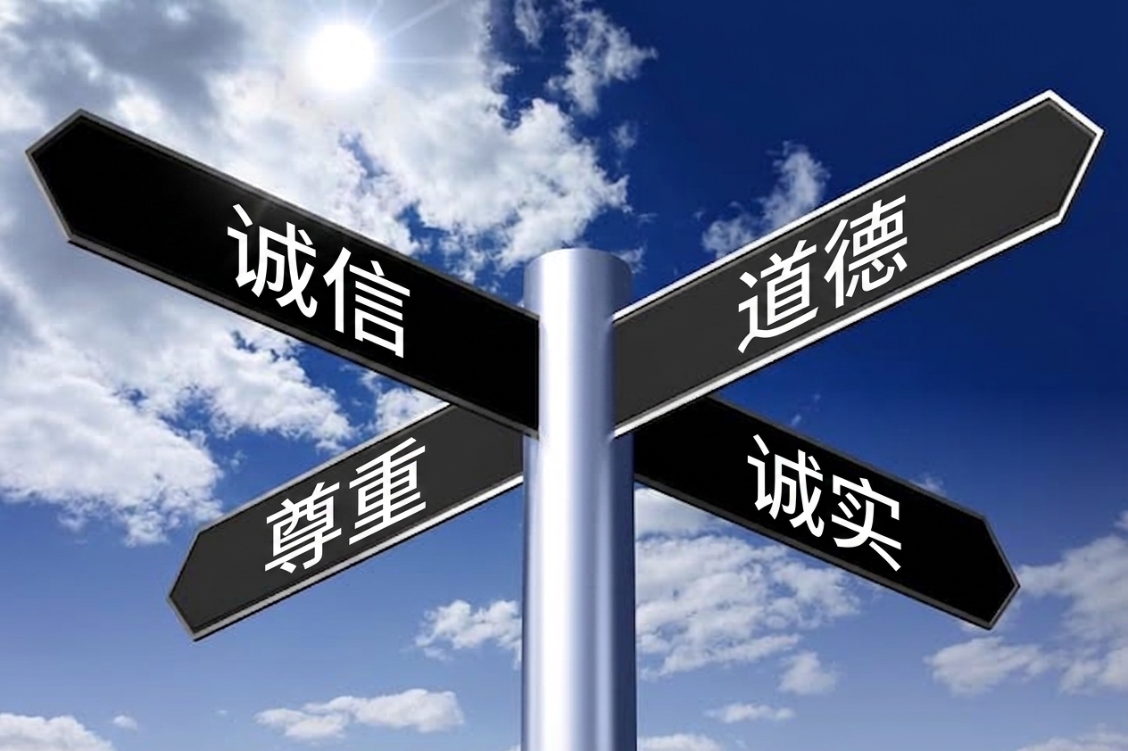 写有伦理、诚实、尊重、正直的路标