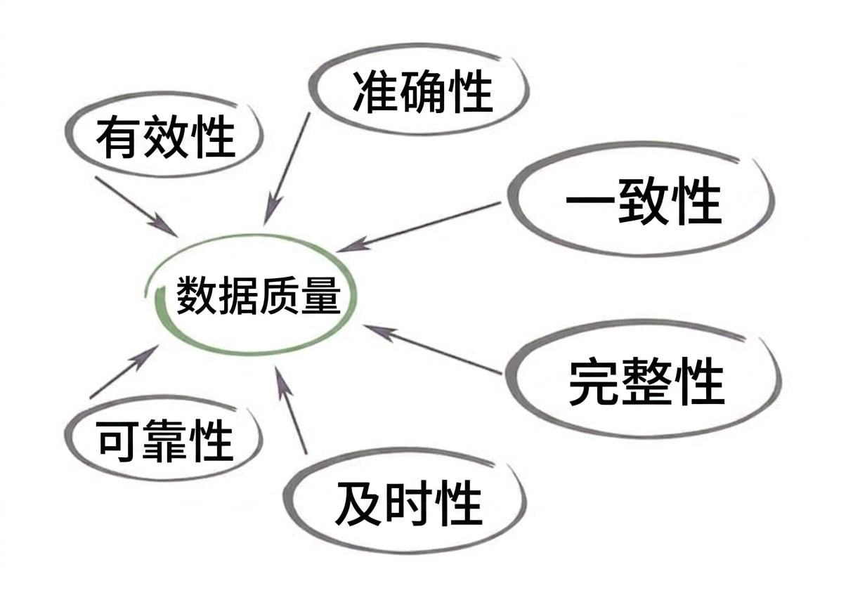 一个图示：以"数据质量"为中心，四周为有效性、准确性、一致性、完整性、时效性与完整性指向中心
