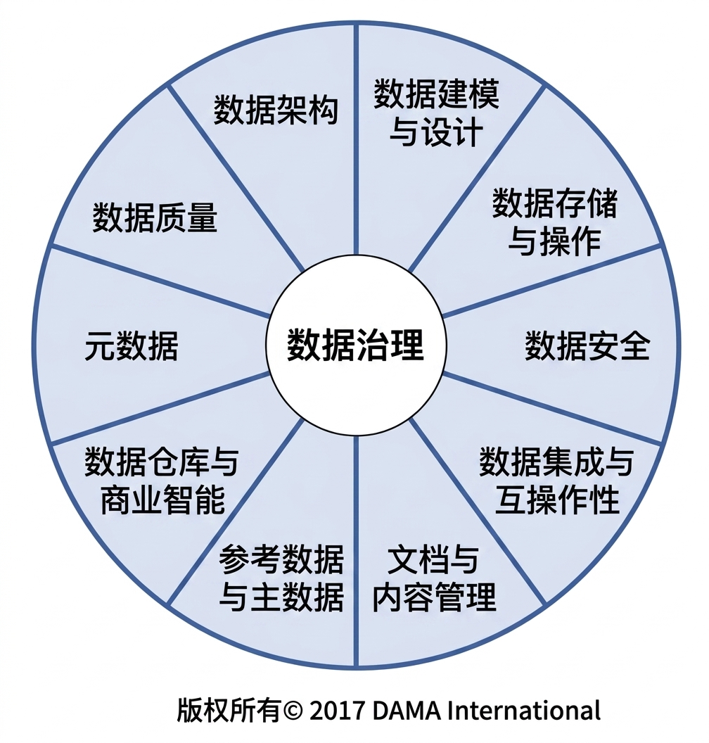 DAMA 数据管理知识体系轮盘，展示十个数据管理领域。