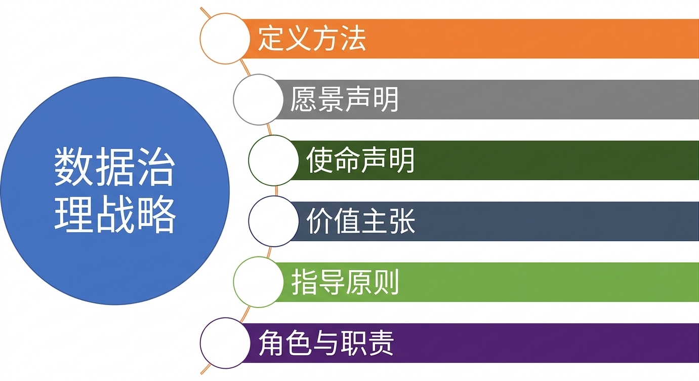 展示数据治理战略六大组成部分的示意图。