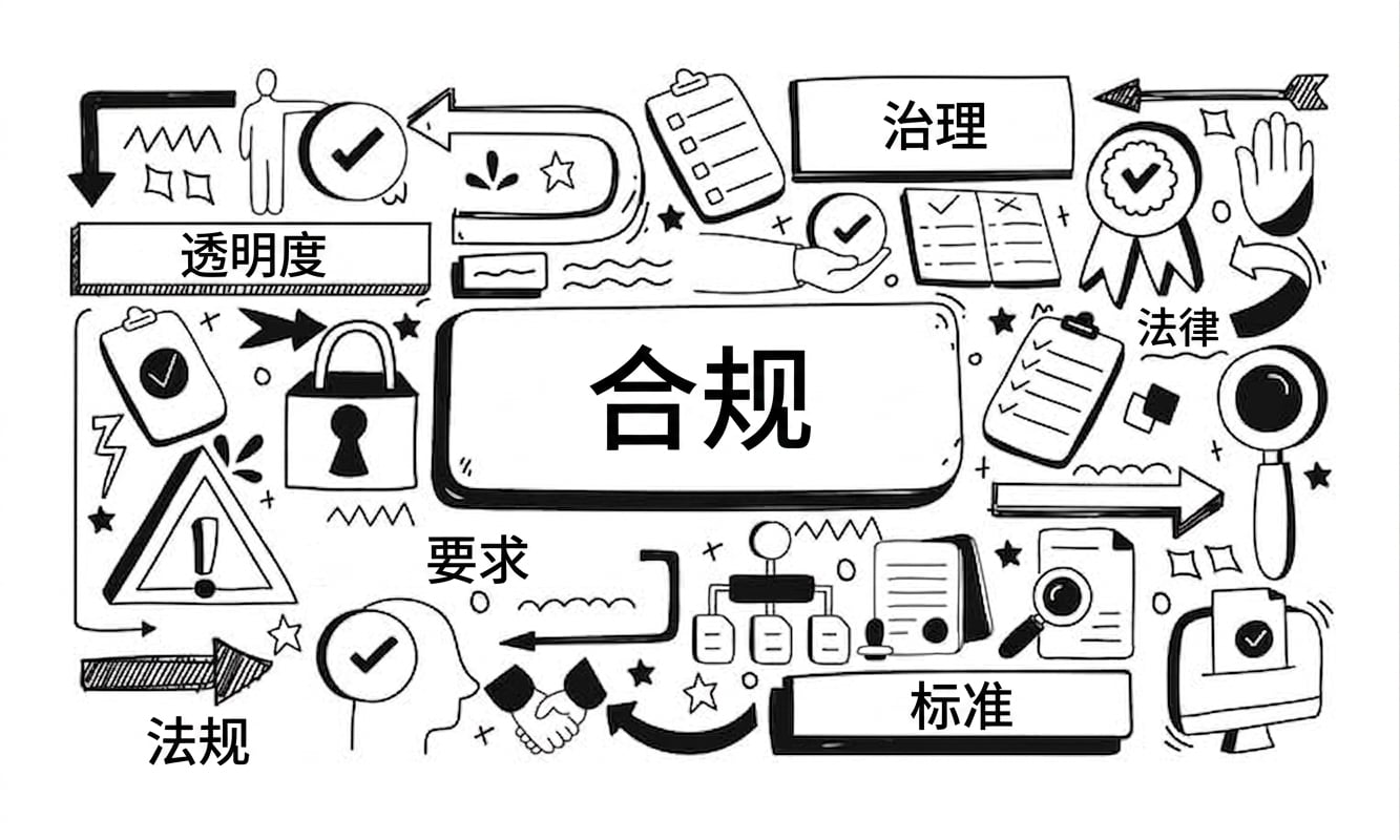 一幅图像，中央是"compliance（合规）"，周围有 governance、requirements、regulations 等词与图标