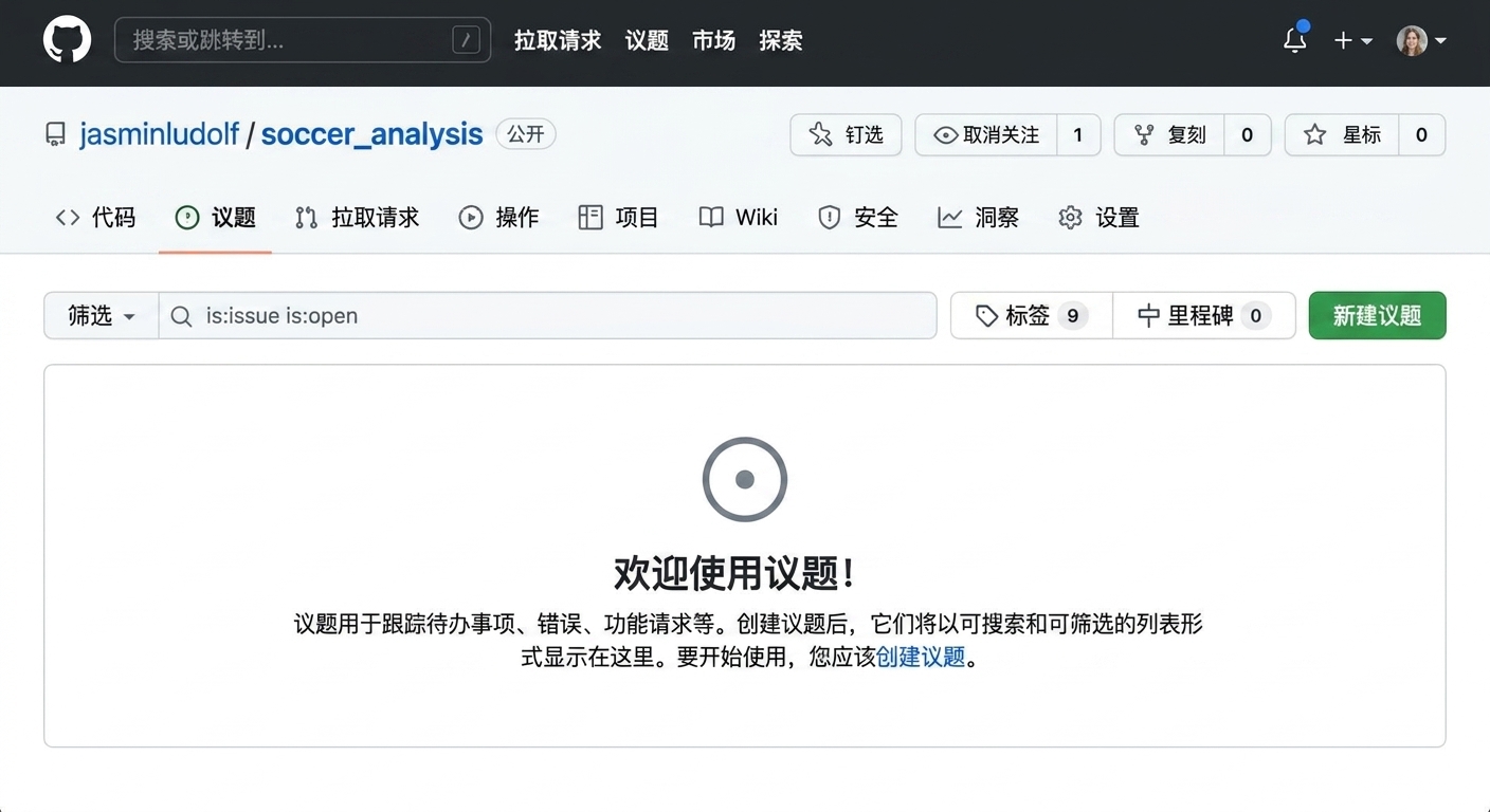 足球分析仓库视图，高亮了 Issues 选项卡