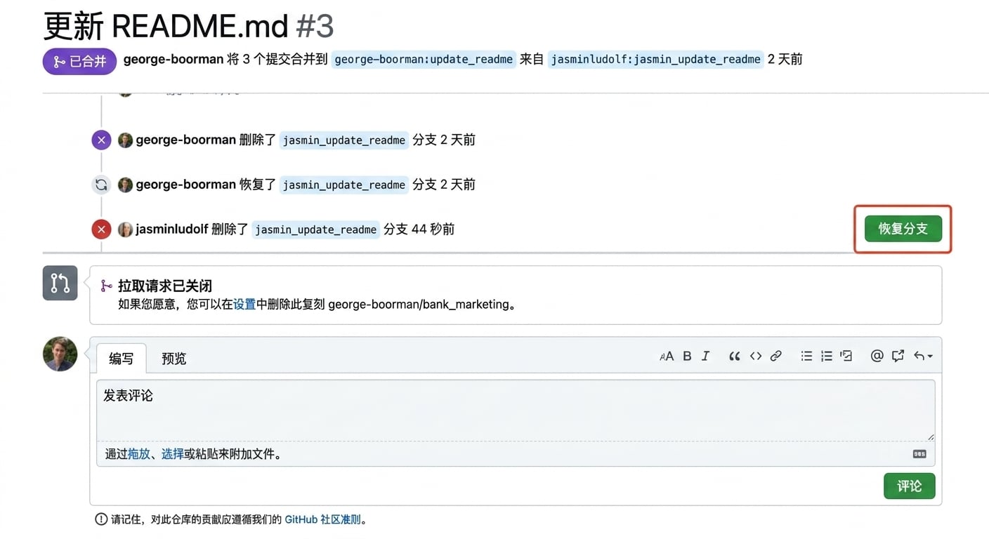 已关闭 PR 中的"Restore"按钮视图