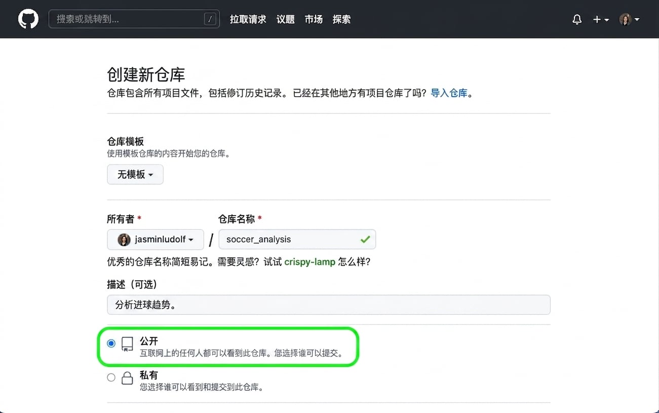 GitHub 上创建新仓库页面视图，Public 选项已高亮