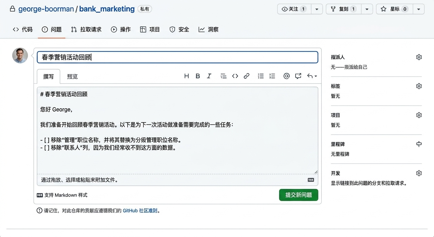 创建新议题时，标题与正文已填写，提交按钮高亮