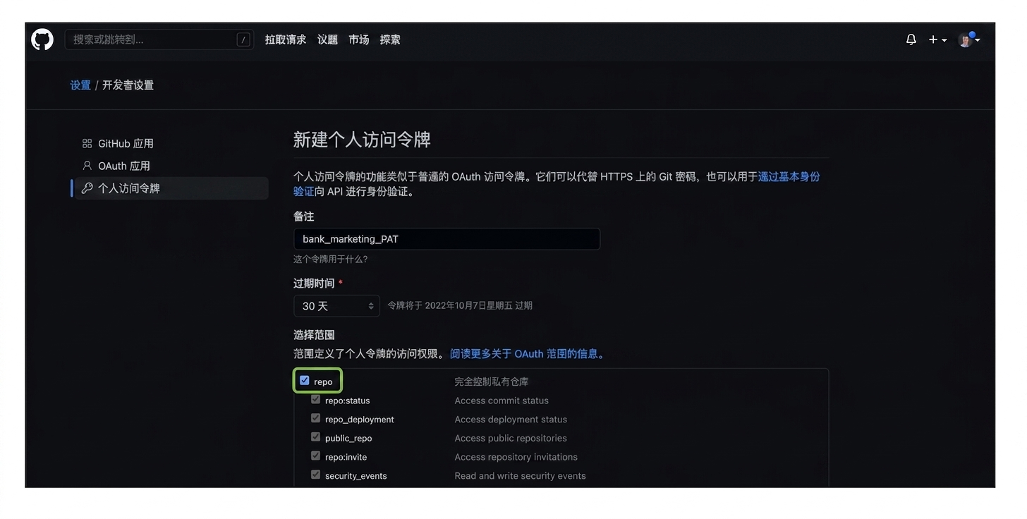 选择仓库访问的复选框
