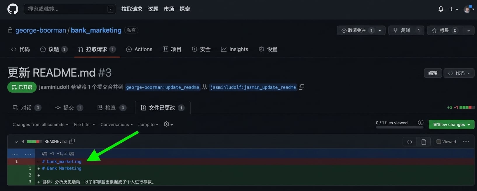 PR 中"Files changed"选项卡的所有者视图，突出显示红色标记