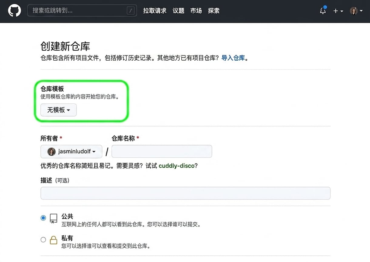 GitHub 上创建新仓库页面视图，模板选项已高亮