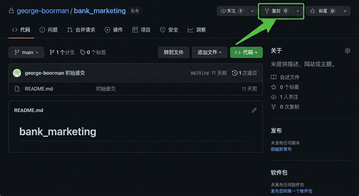 George Boorman 拥有的 bank marketing 私有仓库主视图，Fork 按钮已高亮