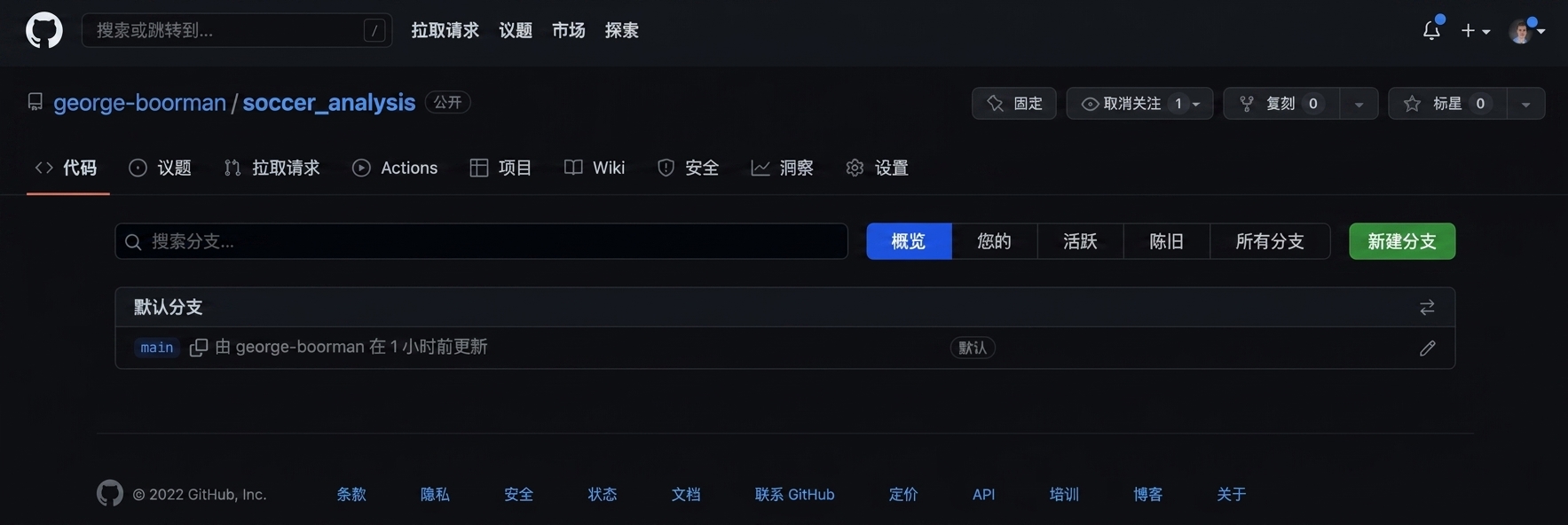 分支列表，仅有 main。右侧绿色 New branch 按钮