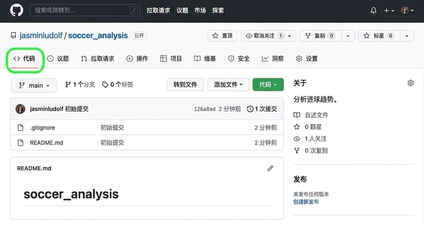 足球分析仓库视图，Code 选项卡已高亮