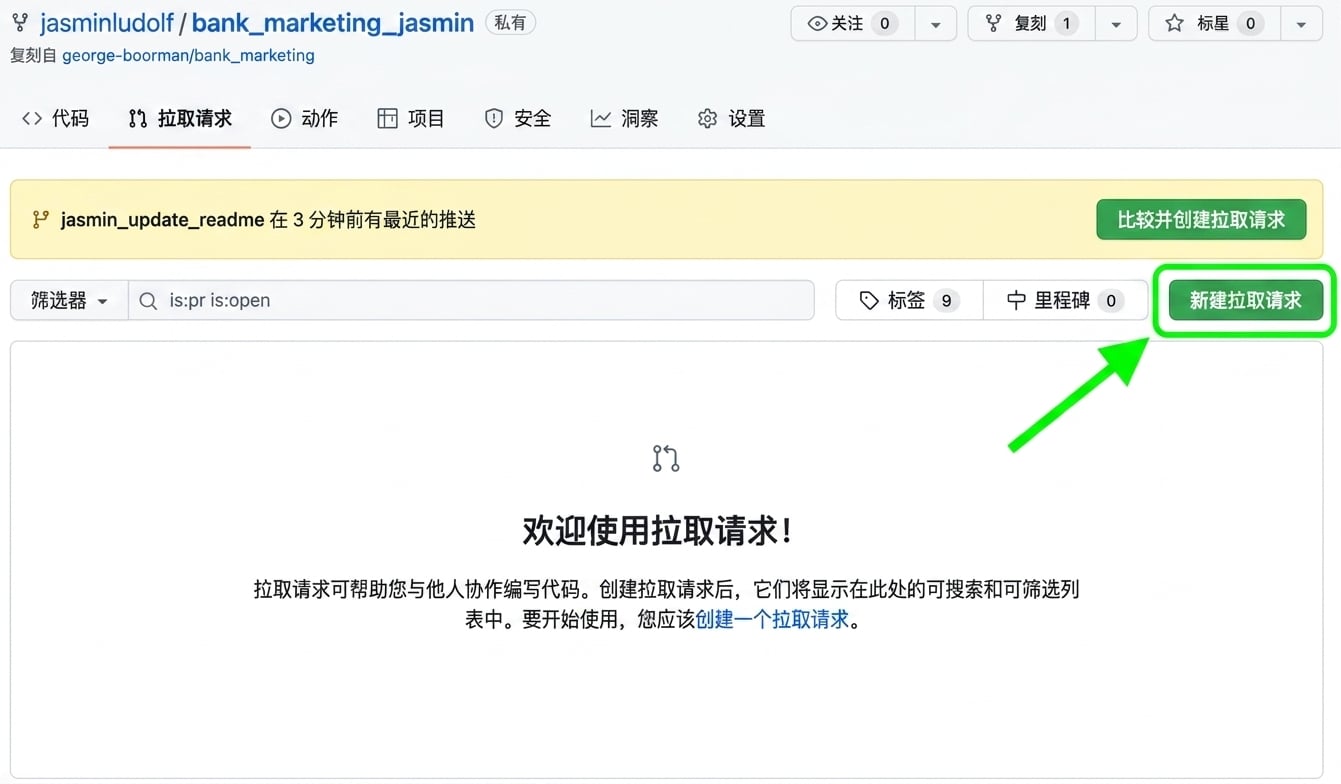 已 fork 仓库中的 Pull requests 选项卡视图，突出显示"New pull request"按钮