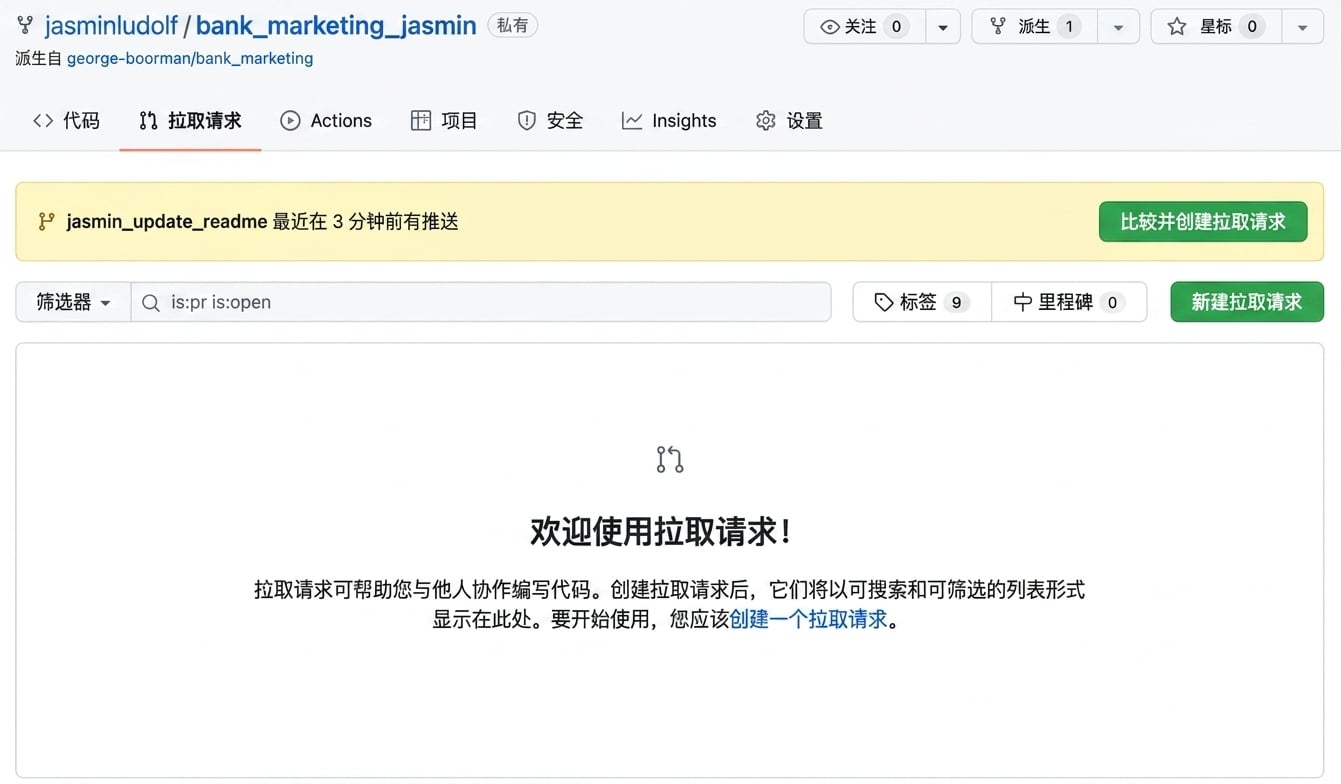 已 fork 仓库中的 Pull requests 选项卡视图