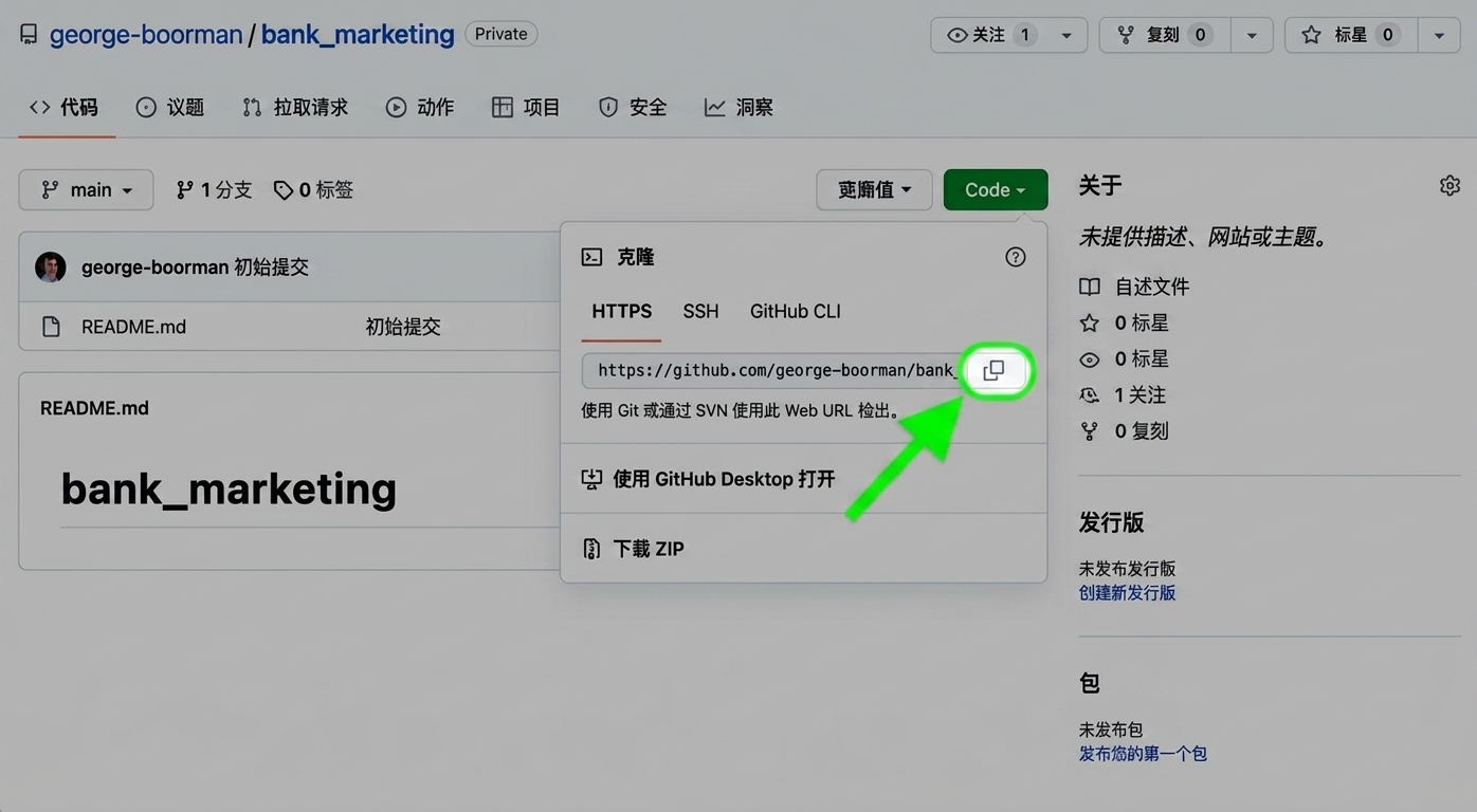 在 GitHub 仓库点击 Code 后的下拉菜单视图，复制图标被高亮。