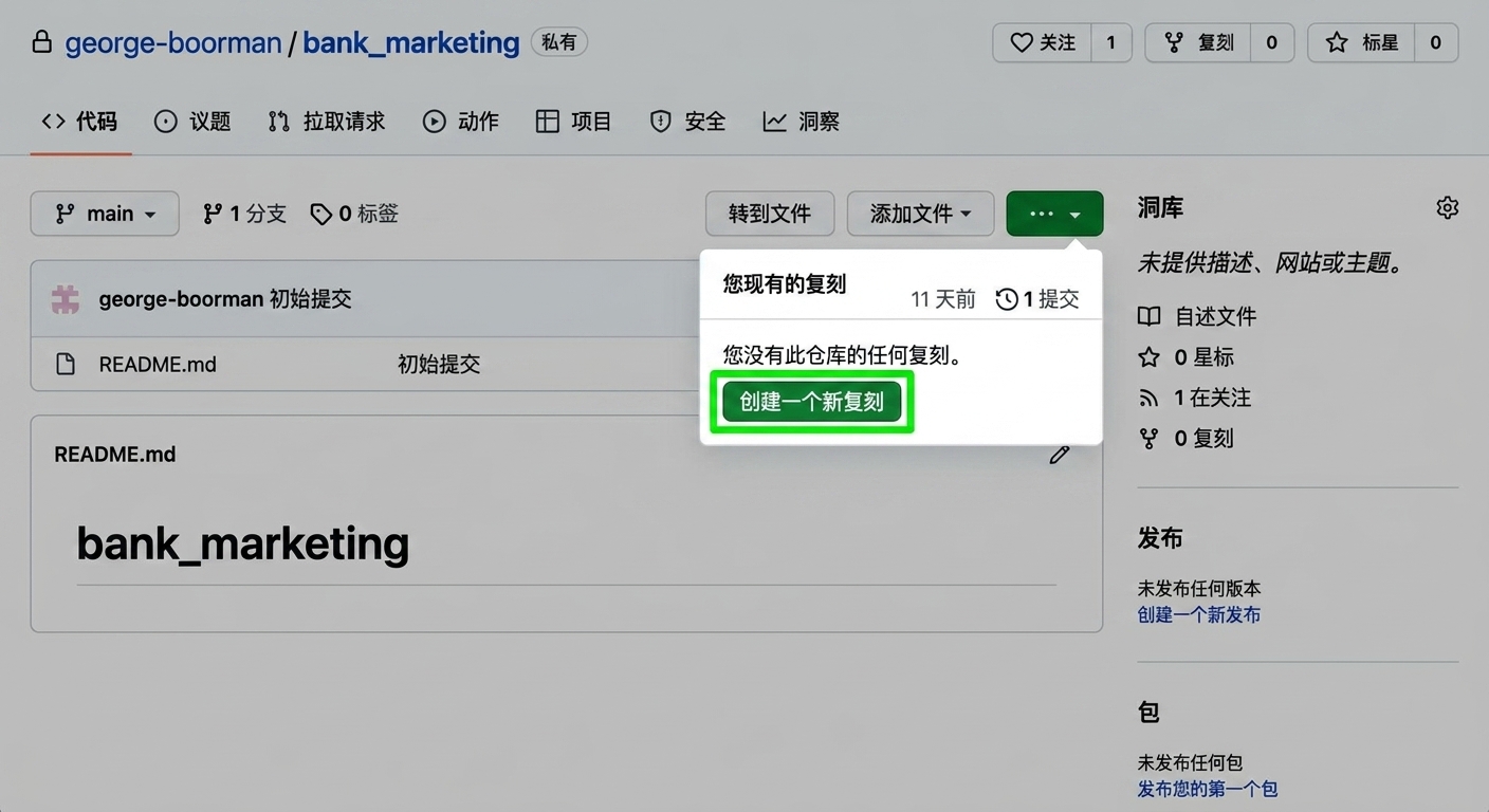 George Boorman 拥有的 bank marketing 私有仓库主视图，显示 Fork 下拉菜单，Create new fork 按钮高亮