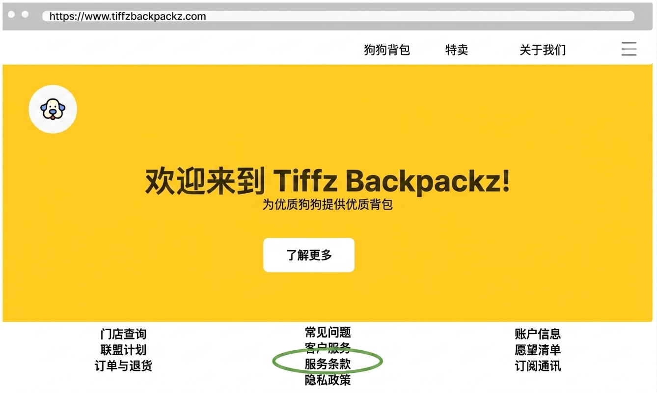 Tiffz Backpackz 服务条款页面