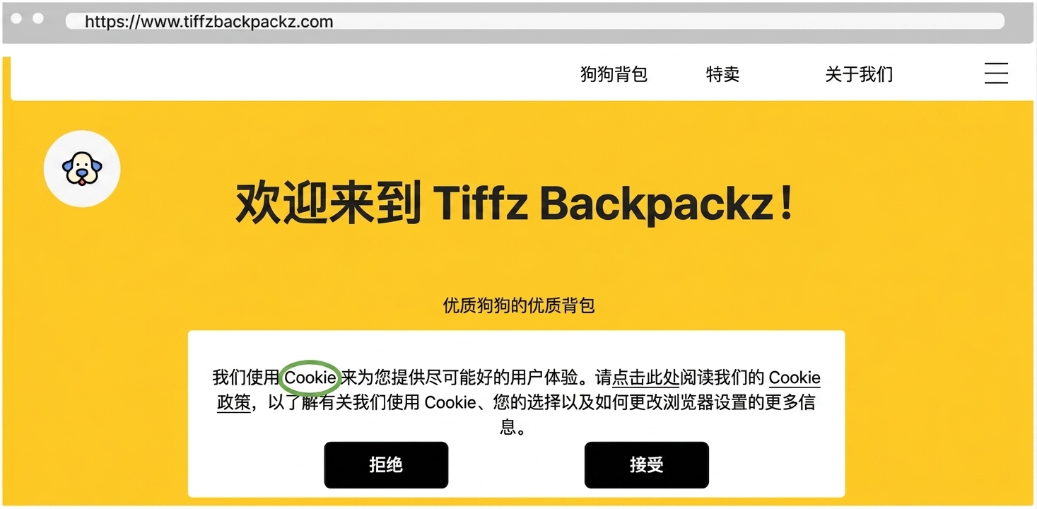 Tiffz Backpackz 登陆页上的 Cookie 提示