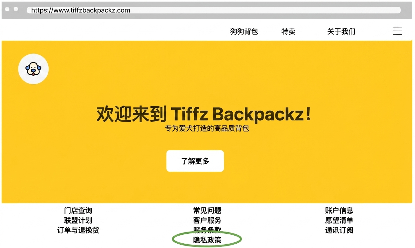 Tiffz Backpackz 登陆页上的隐私政策