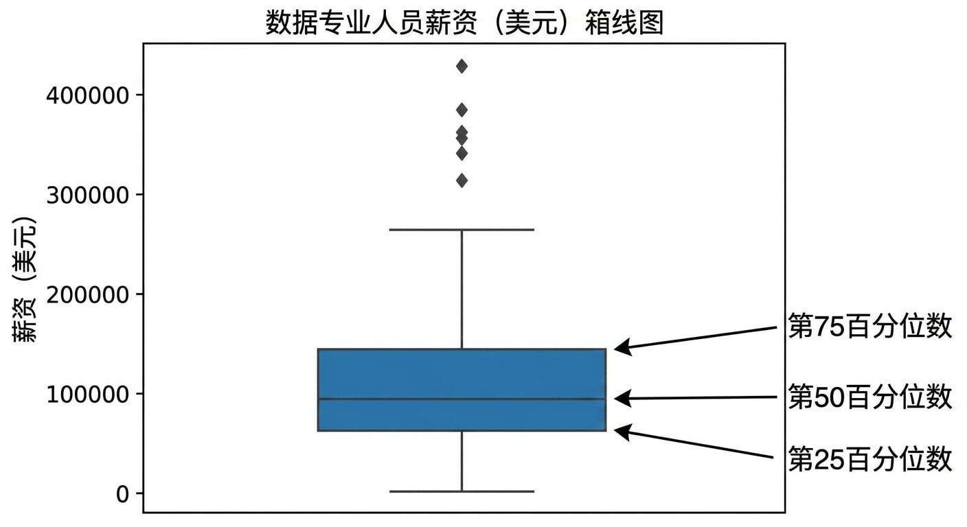 数据从业者薪资的箱线图:箱体底部为第25百分位,中线为第50百分位,顶部为第75百分位