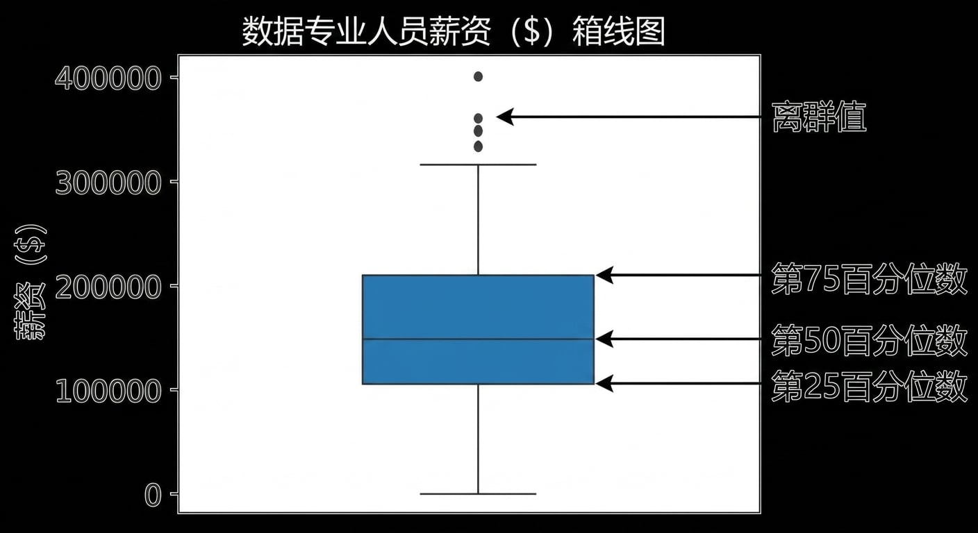 数据从业者薪资的箱线图,箱体底部为第25百分位,中位数为箱体中线,箱体顶部为第75百分位,箱外的菱形为离群值