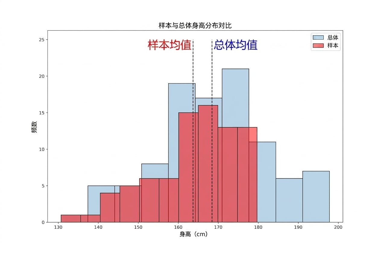 样本与总体身高分布;样本的最大值与均值更低