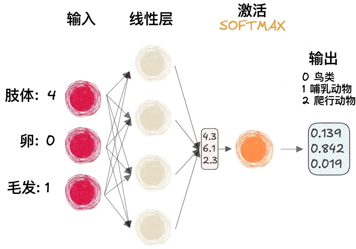 部分神经网络的示意图，包含输入、线性层的向量输出、softmax 激活函数和最终输出
